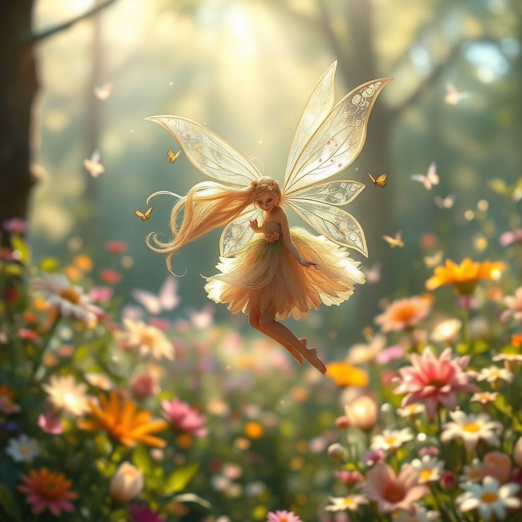 A magical and enchanting fairy, with delicate, shimmering wings, fluttering amidst a vibrant garden filled with colorful flowers and sparkling lights