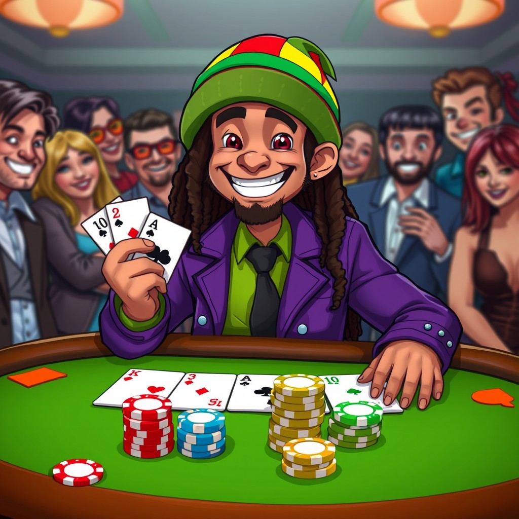 A digital illustration of a semi-realistic, cartoon-style character at a poker table