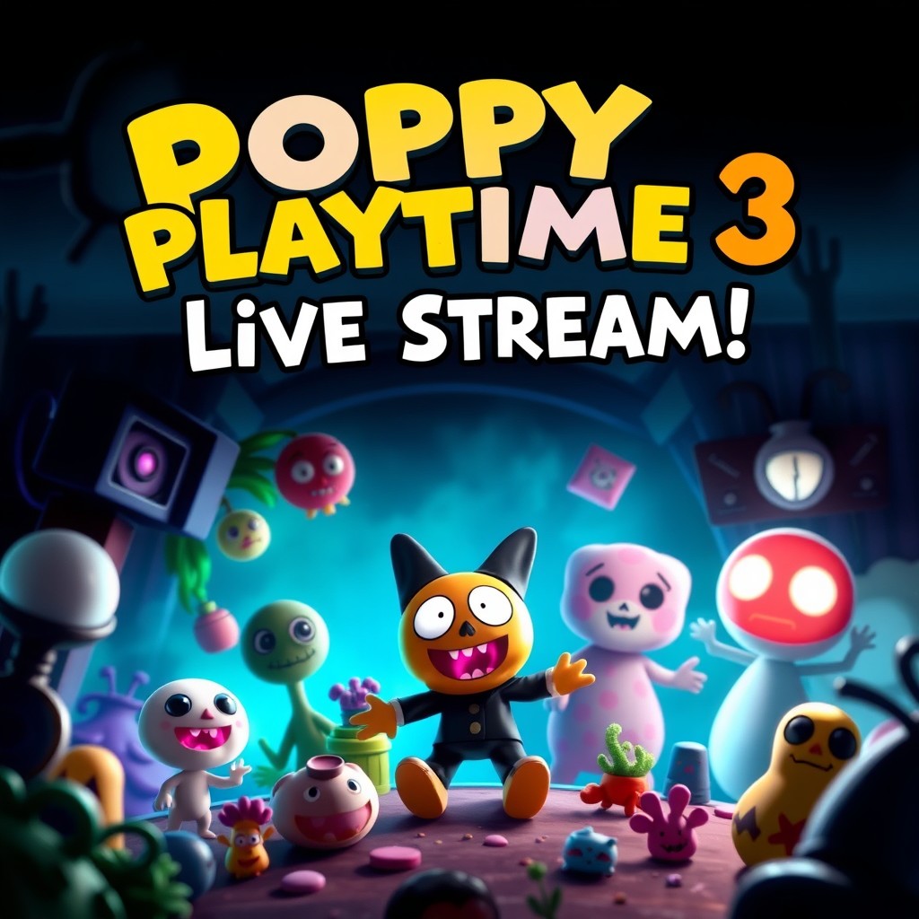 A vibrant and engaging thumbnail for a YouTube live stream of Poppy Playtime 3