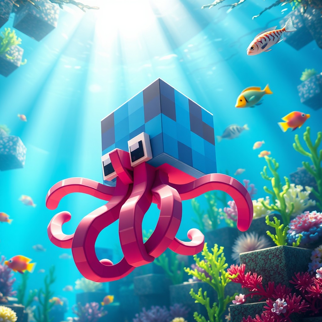 A vibrant and blocky squid character designed in the style of Minecraft, featuring large square shapes and a pixelated texture, swimming in a cubic underwater environment filled with coral, seaweed, and colorful fish