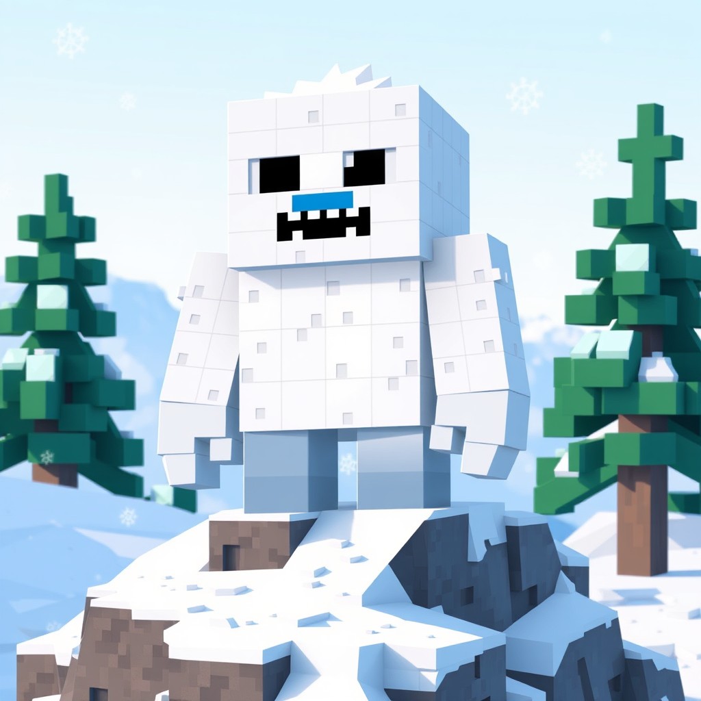 A blocky yeti character designed in the style of Minecraft, featuring large square shapes and a pixelated texture
