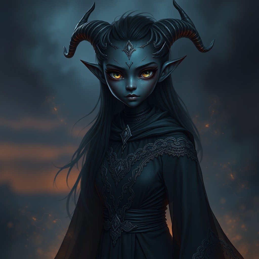 A captivating shadar-kai, a dark-skinned, shadowy humanoid with ethereal features