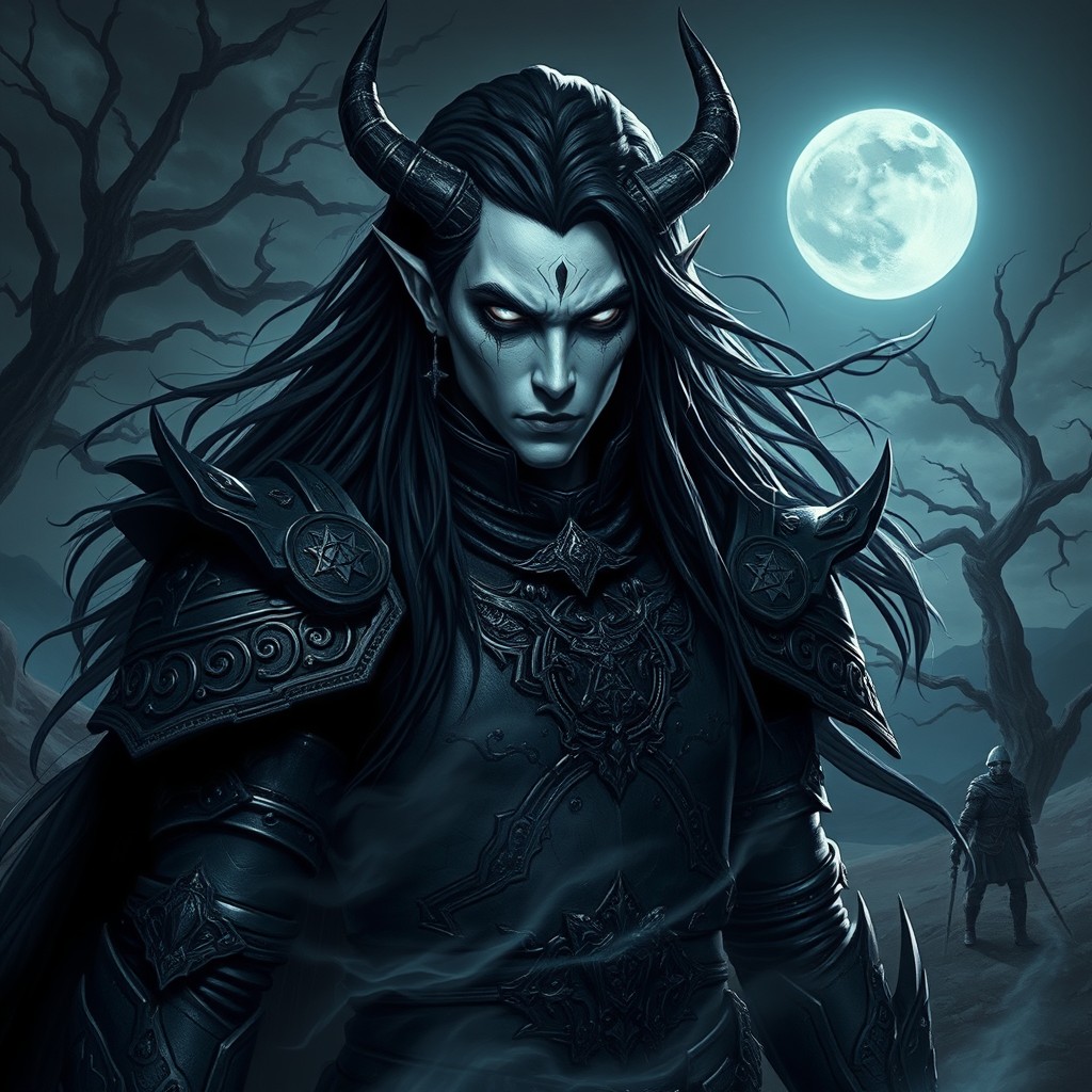 A dramatic and mysterious Shadar-kai warrior in a dark fantasy setting
