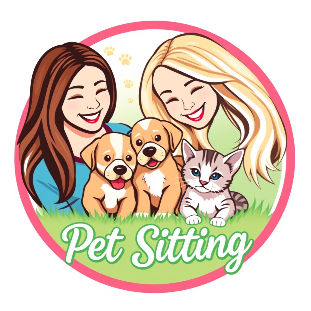 A vibrant and inviting logo design for a pet sitting business featuring two friendly young women, one with long brown hair and one with blonde hair, interacting joyfully with a playful puppy and a curious kitten