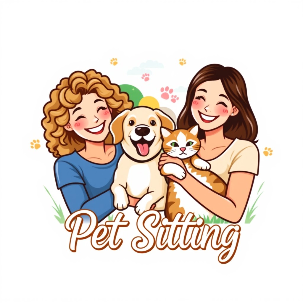 A colorful and inviting logo design for a pet sitting business featuring two young women: one with curly light brown hair and the other with straight brown hair, both smiling and interacting with a playful dog and a cuddly cat