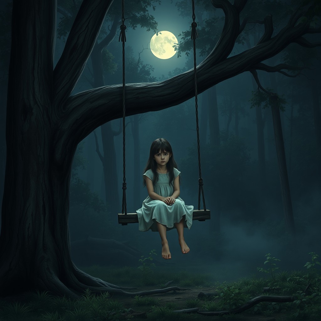 A realistic nighttime scene in a quiet forest clearing with low fog
