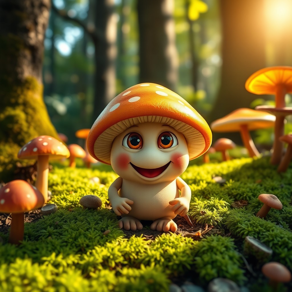 A charming and adorable small monster inspired by a mushroom, with rounded shapes, a colorful cap resembling a mushroom top, and big, friendly eyes