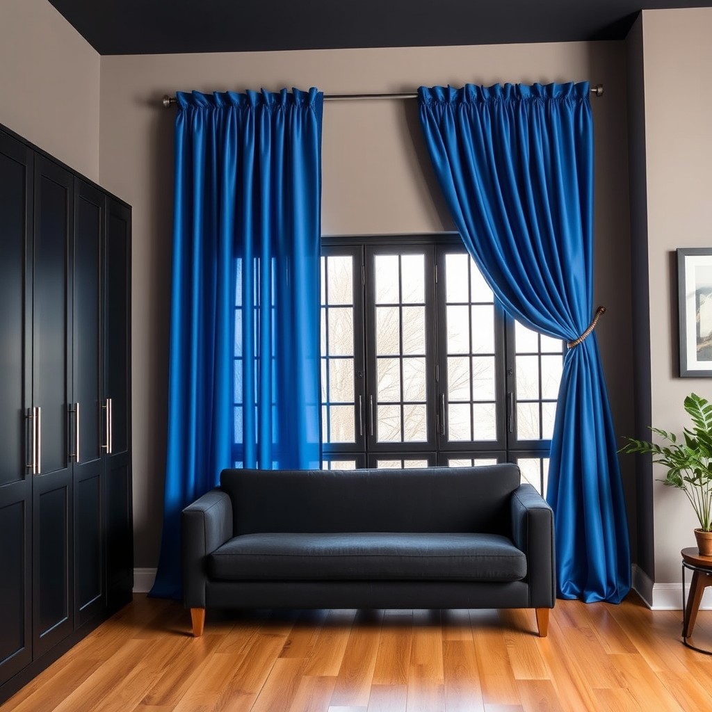A beautifully decorated room featuring royal blue curtains draping elegantly over large windows, complemented by smoky wings colored walls