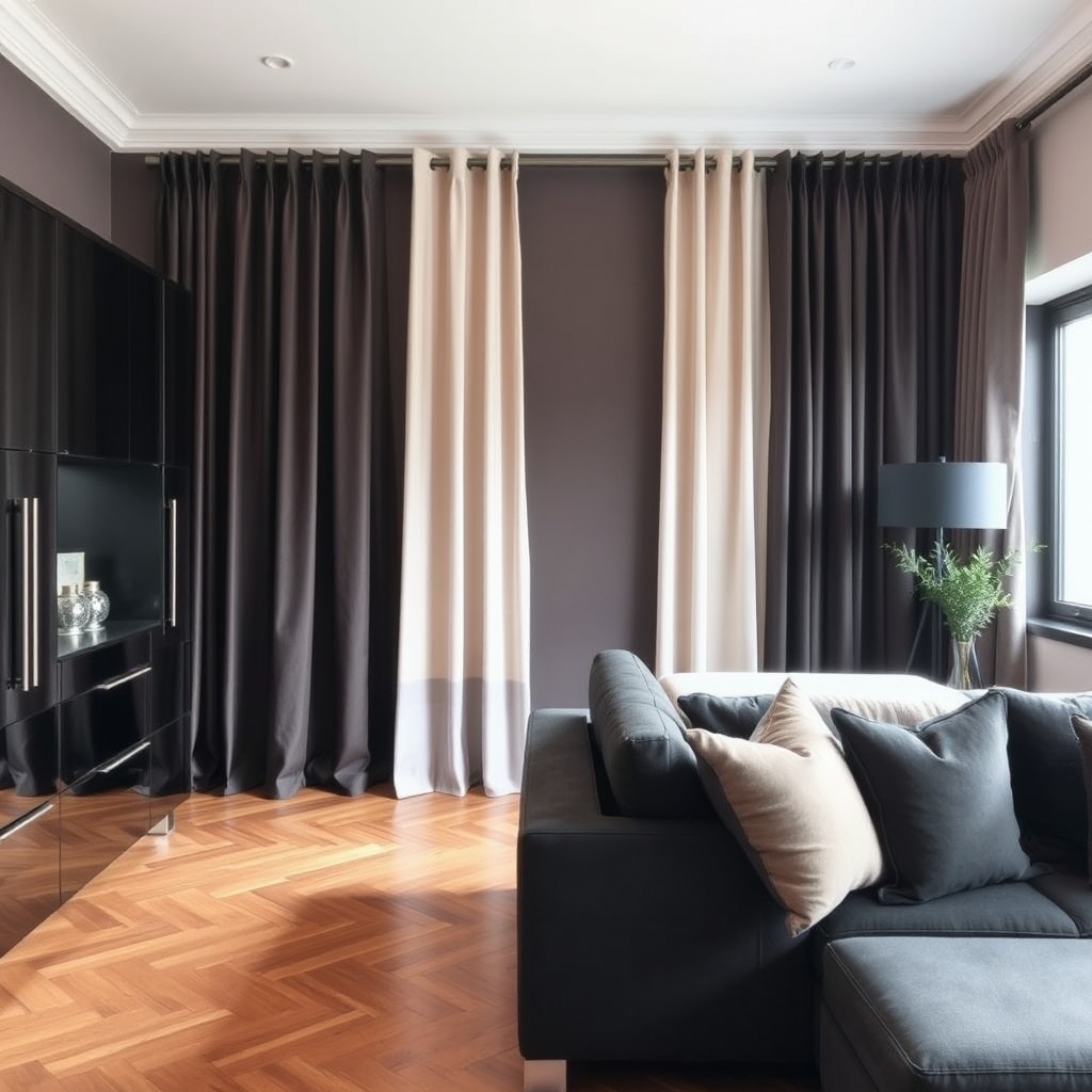 A stylish room featuring suitable curtains that harmonize with the smoky wings colored walls