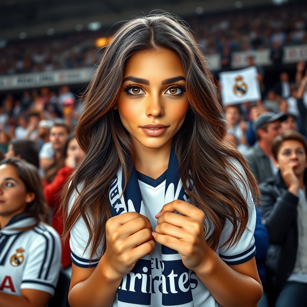 A beautiful Latina girl in the stands of a football stadium, surrounded by enthusiastic Real Madrid fans