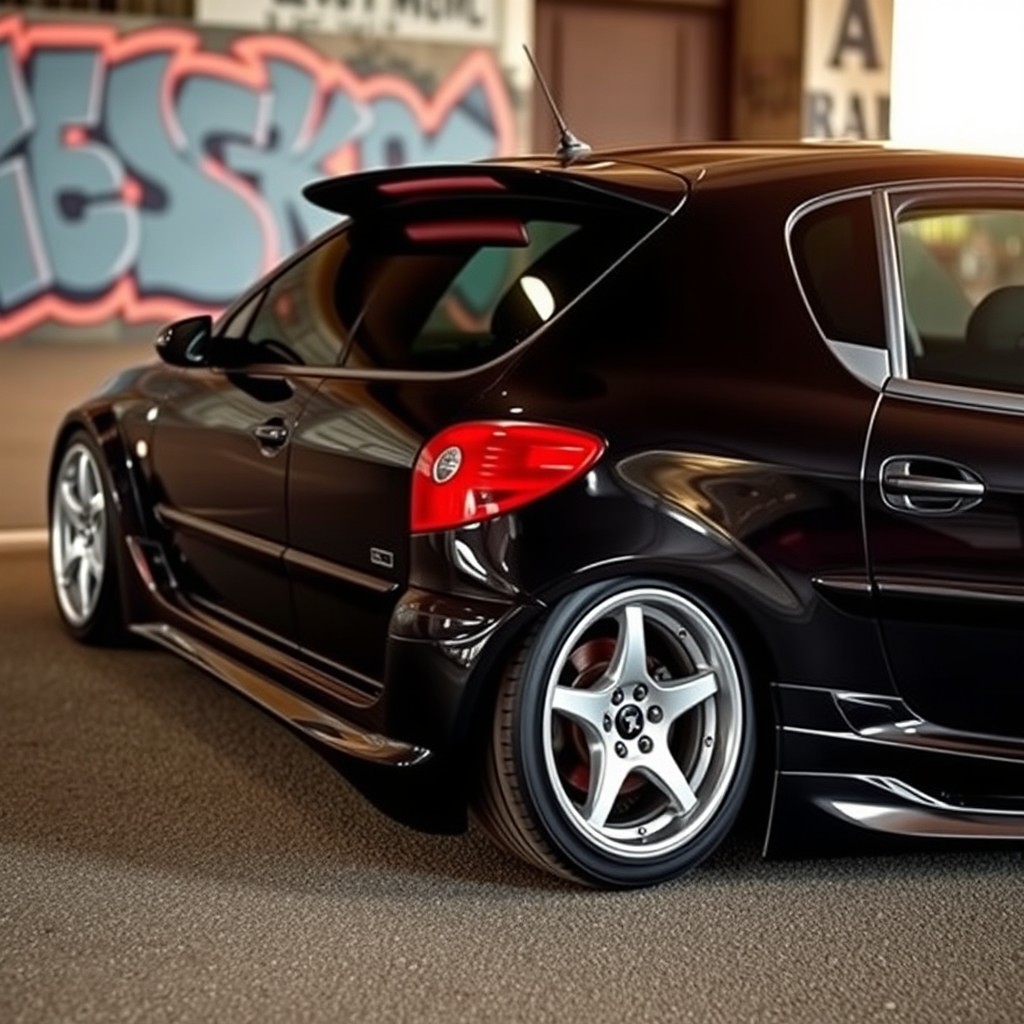 A modified 2004 two-door Peugeot car, featuring a sleek, aggressive body kit, custom paint job in a glossy black with red accents, enhanced sporty rims, tinted windows, and lowered suspension