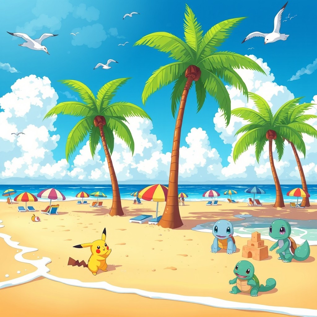 A beautiful beach scene illustrated in a colorful, cartoonish style reminiscent of Pokémon