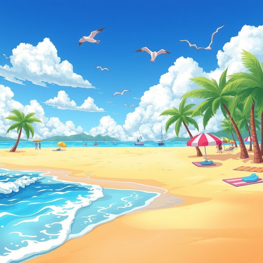 A beautiful beach scene illustrated in a colorful, cartoonish style reminiscent of Pokémon, but without any Pokémon characters