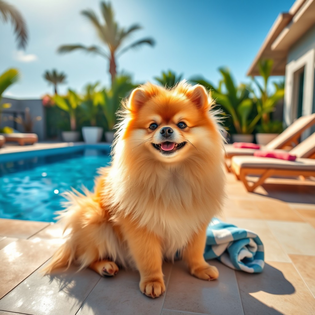A fluffy Pomeranian dog sitting on a luxurious pool terrace, surrounded by tropical plants and bright summer sunlight