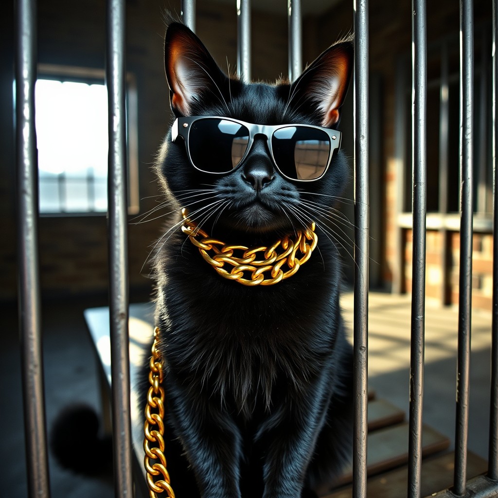 A stylish black cat in a prison cell, wearing oversized gold chains around its neck and cool sunglasses