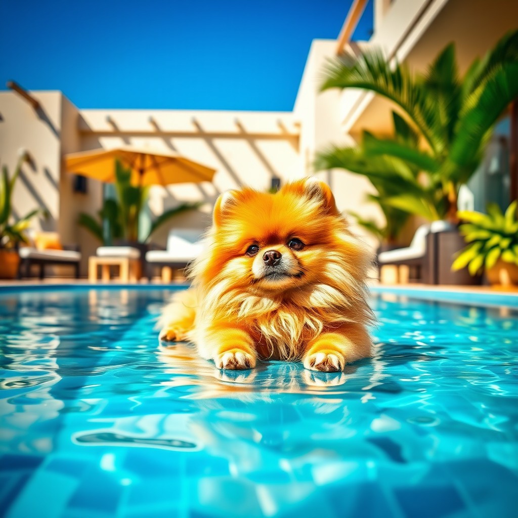 A realistic depiction of a fluffy Pomeranian dog lounging on a stylish pool terrace
