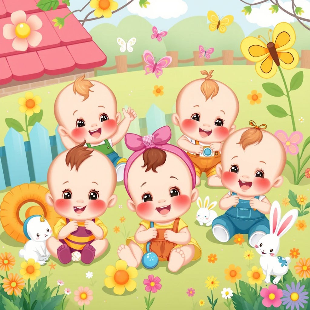 A playful and whimsical illustration of adorable cartoon babies with various expressions, wearing colorful outfits and accessories