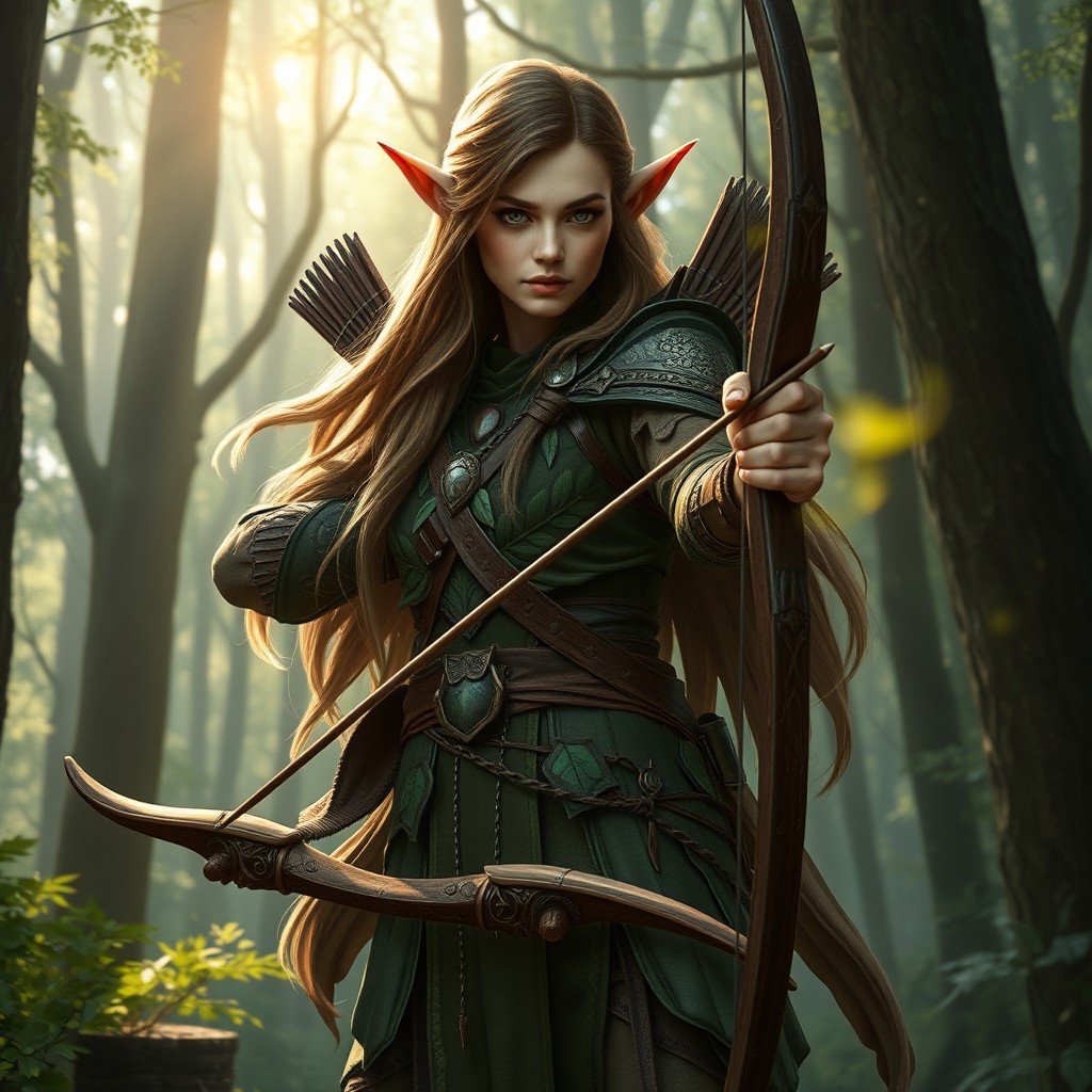 A majestic wood elf archer, standing tall with a beautifully crafted bow in hand, dressed in intricate elven armor adorned with natural elements like leaves and vines