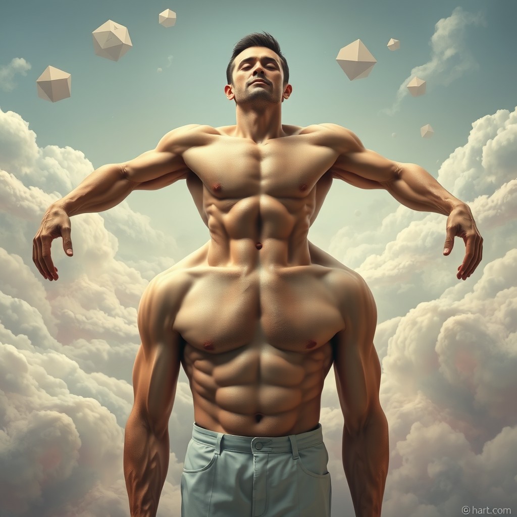 A surrealistic image of a man with no torso, his shoulders seamlessly attached to his legs, standing upright in a dreamlike landscape