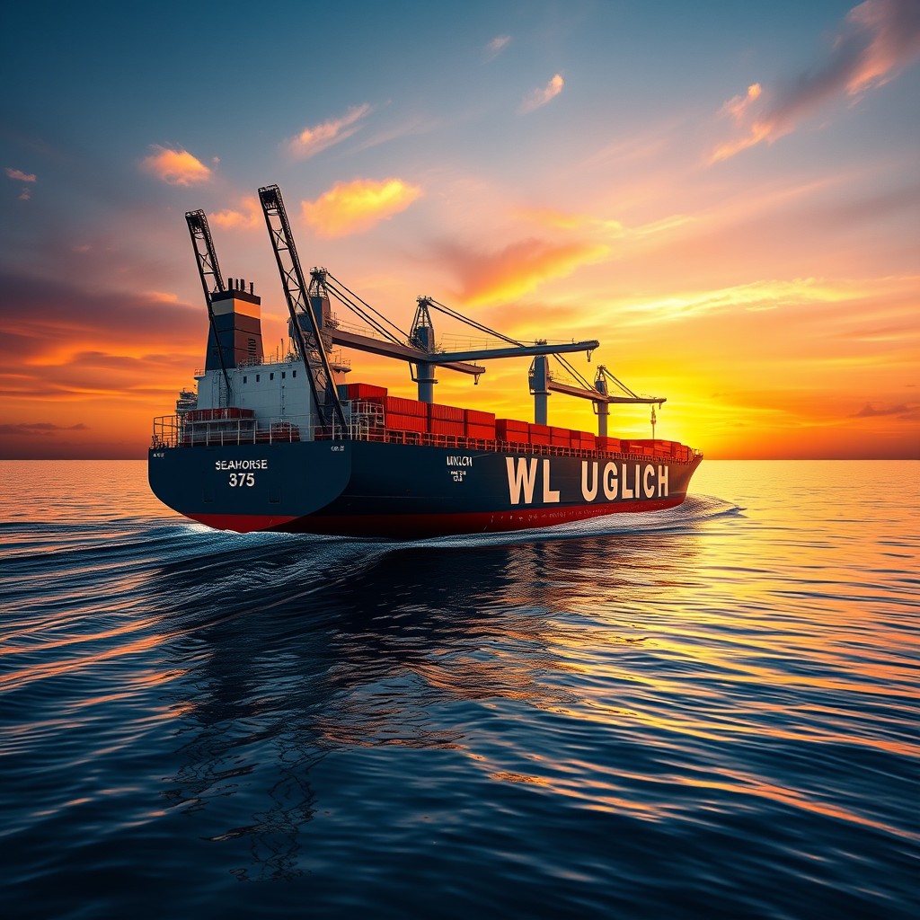 Hyper-realistic photograph of the bulk carrier WL UGLICH (Seahorse 375 project) in motion at sunset