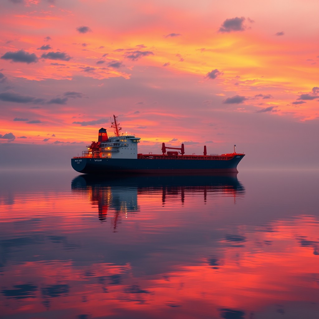 Hyper-realistic photo of the bulk carrier WL Uglich (Seahorse 375 project) floating on perfectly calm water at sunset