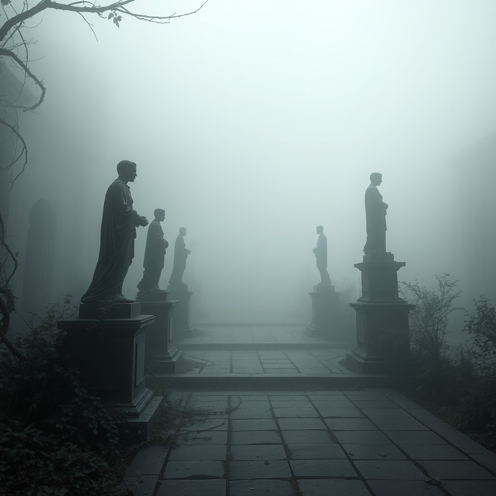 A room that contains a plaza shrouded in thick fog