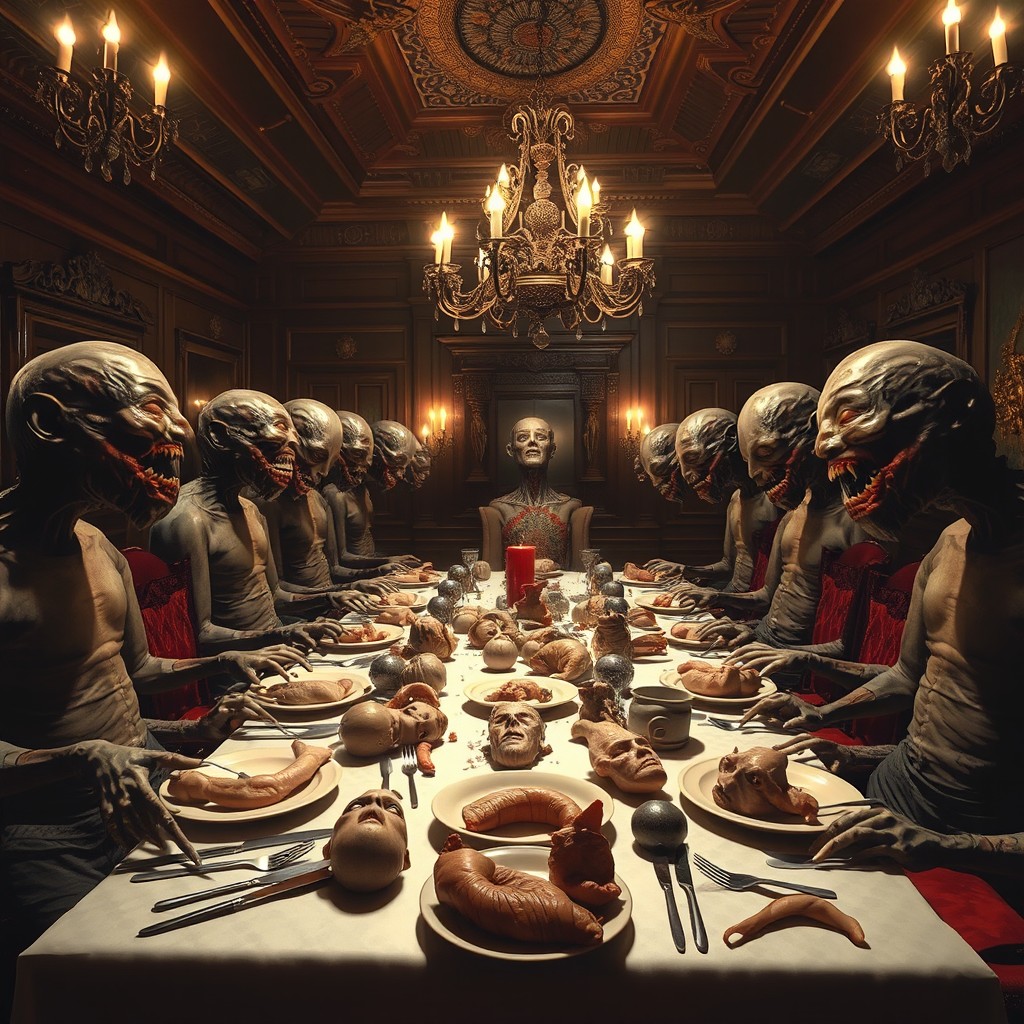 An enormous dining room filled with grotesque, distorted versions of a group, serving dismembered body parts of the player