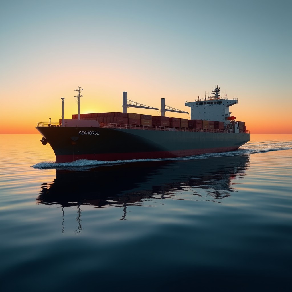 A bulk carrier ship, Seahorse 375 project, sailing at full speed across a perfectly calm sea during sunset