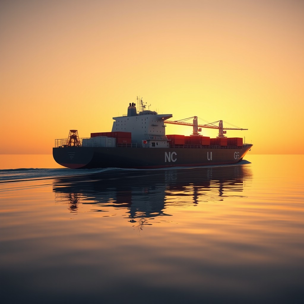 A bulk carrier ship sailing at full speed across a perfectly calm sea during sunset