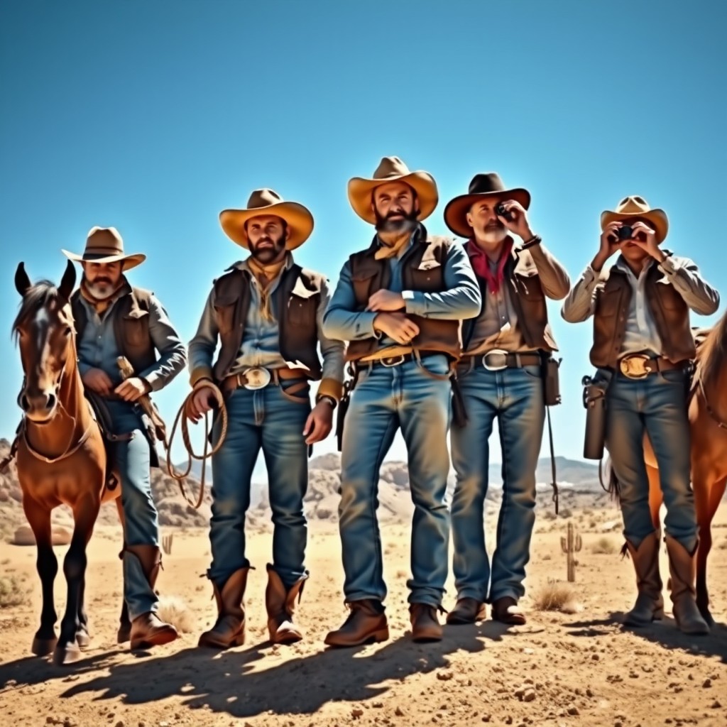 A realistic scene depicting a group of rugged cowboys in the Wild West, standing atop a dusty landscape under a vast blue sky