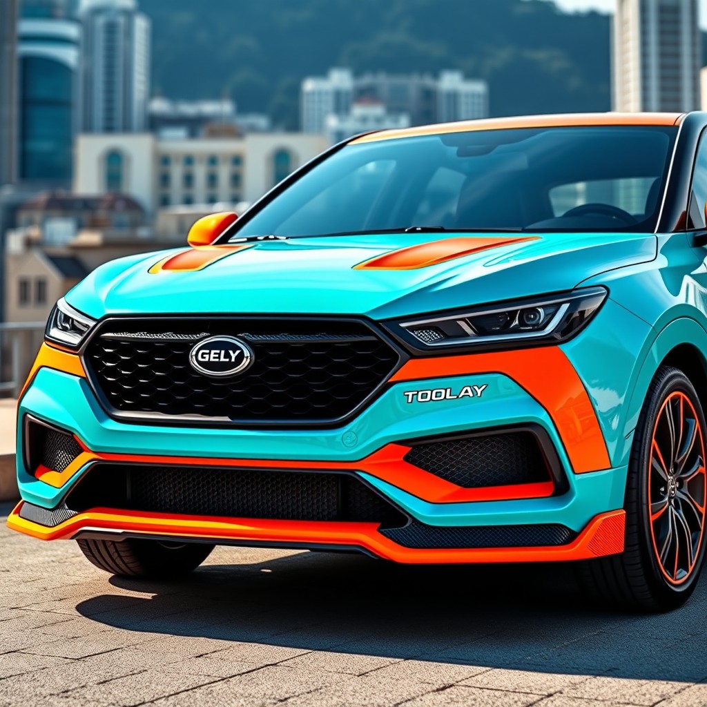 A 2025 Geely Coolray Turbo in a vibrant turquoise color, showcasing a sporty front lip in bright orange