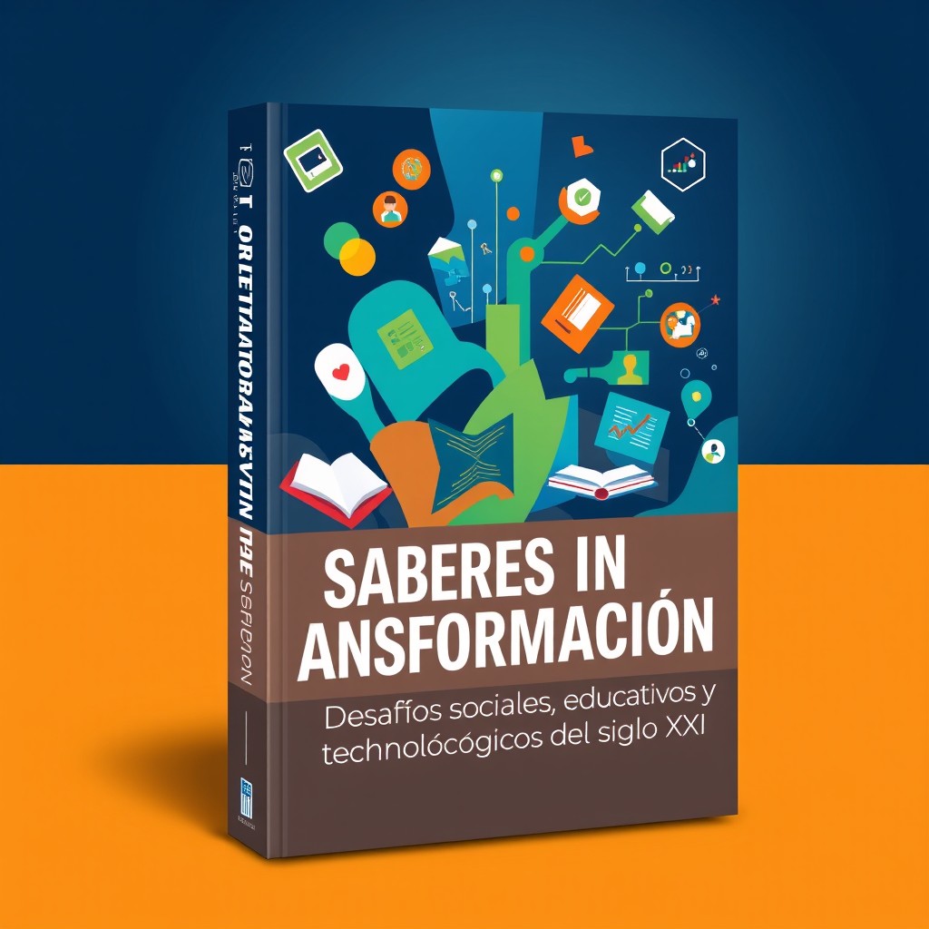 A visually striking book cover design for an academic collective work titled 'SABERES EN TRANSFORMACIÓN: DESAFÍOS SOCIALES, EDUCATIVOS Y TECNOLÓGICOS DEL SIGLO XXI'
