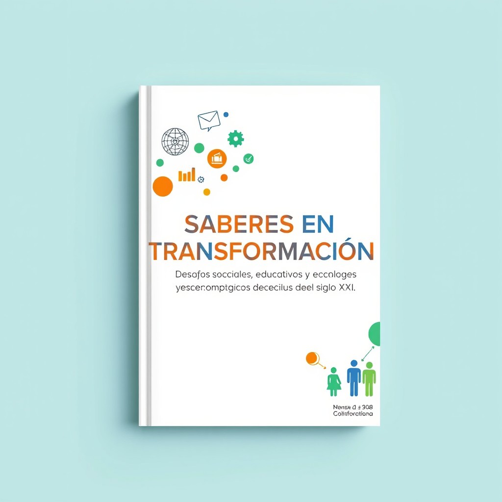 A flat book cover design for an academic collective work titled 'SABERES EN TRANSFORMACIÓN: DESAFÍOS SOCIALES, EDUCATIVOS Y TECNOLÓGICOS DEL SIGLO XXI'