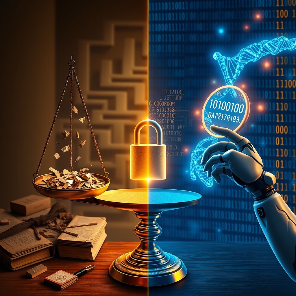 **A split-scene representation**: 
- **Left Side (Past)**: sepia tones, fragmented DNA over ancient books, an unbalanced scale with an open padlock