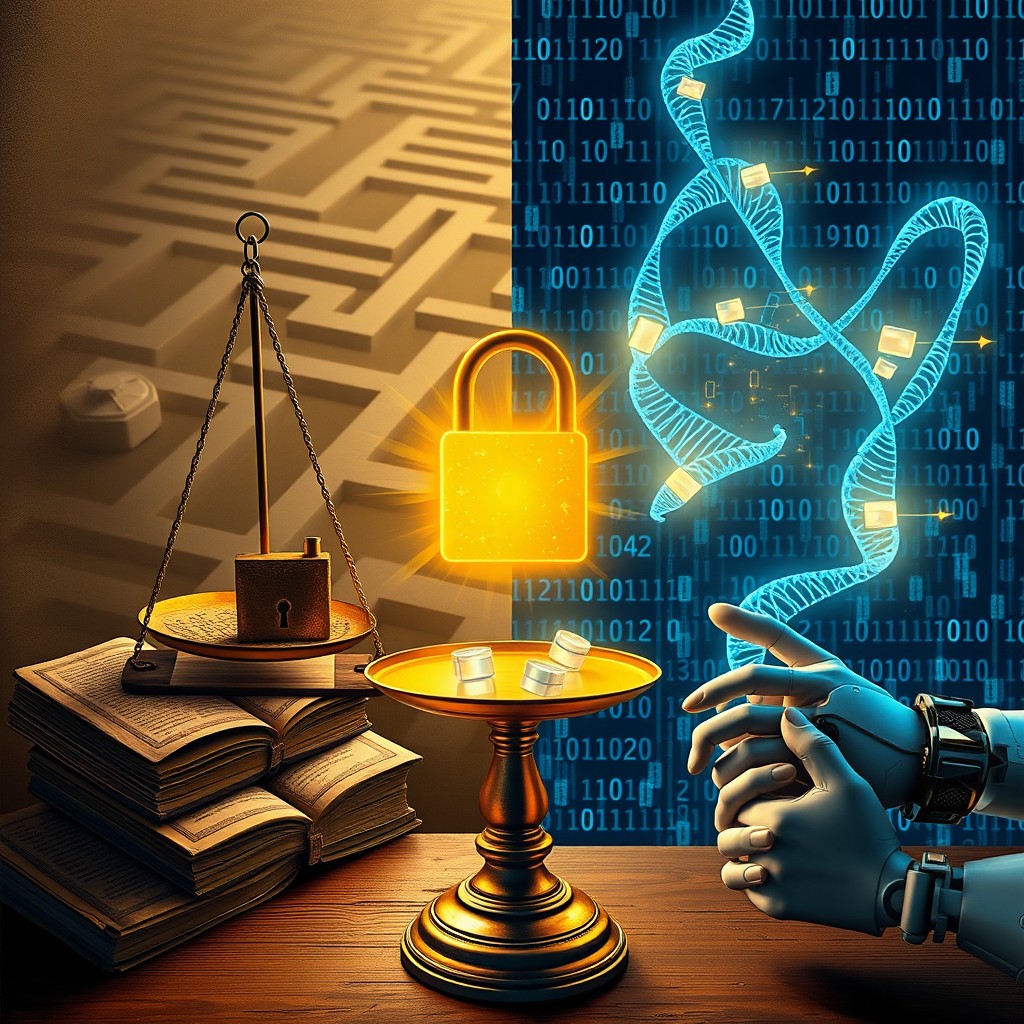 **A split-scene representation**: 
- **Left Side (Past)**: sepia tones, fragmented DNA over ancient books, an unbalanced scale with an open padlock