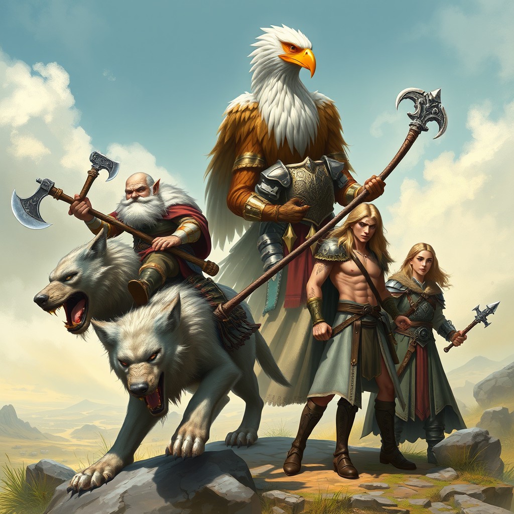 A dynamic fantasy scene featuring four distinct Dungeons & Dragons characters
