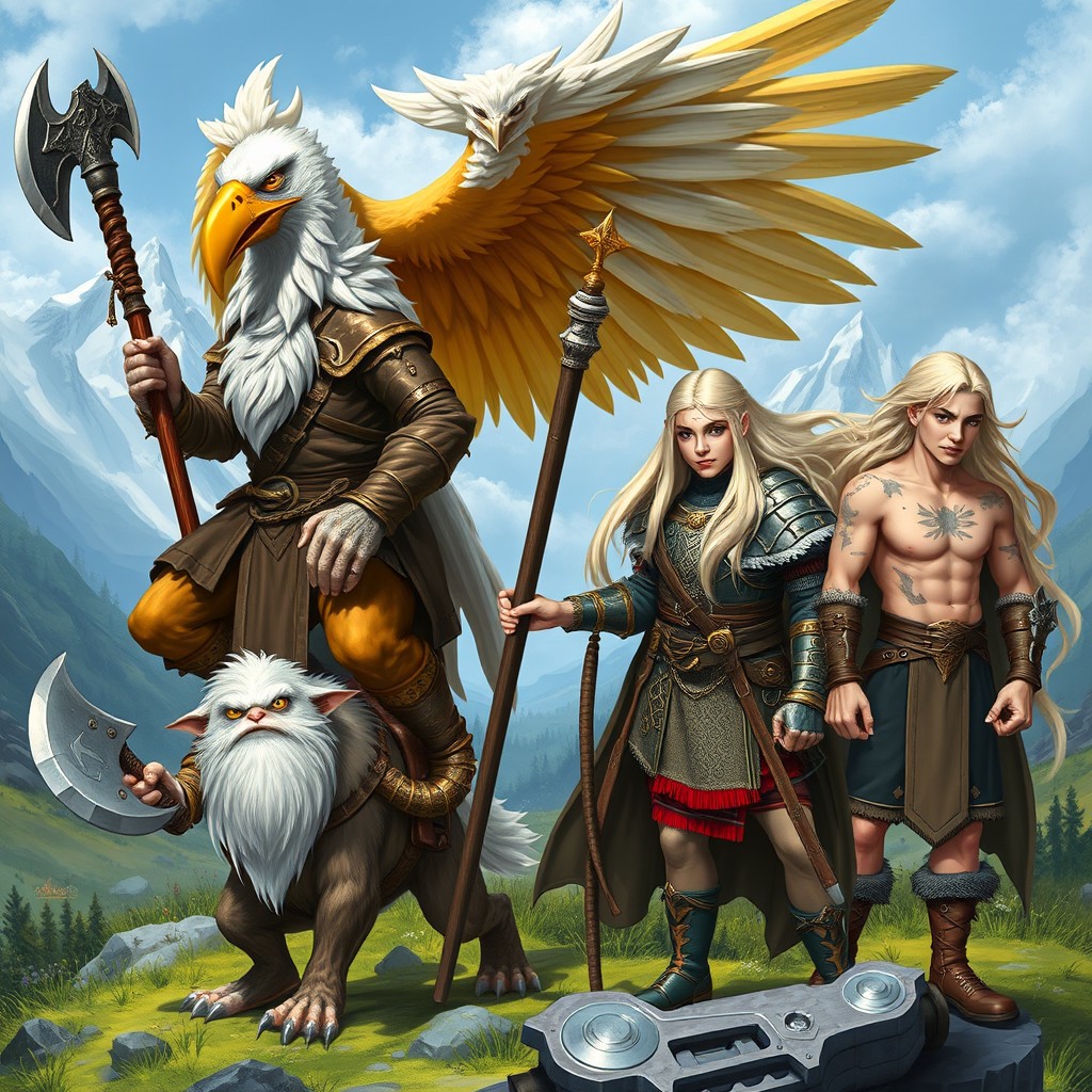 A vibrant fantasy scene showcasing four unique Dungeons & Dragons characters