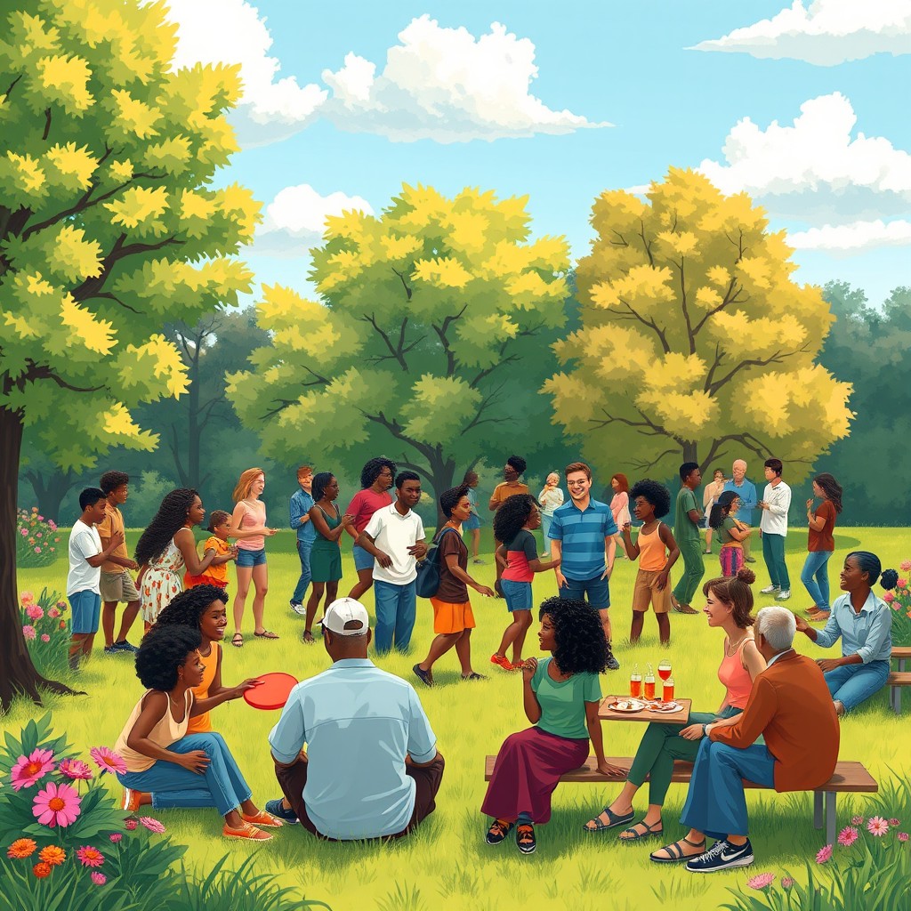 A vibrant and dynamic scene depicting a diverse group of humans engaging in social activities in a park