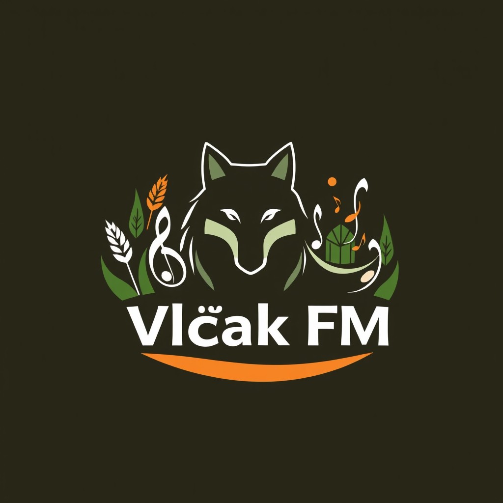 A company logo for 'Vlčák FM' that creatively integrates elements of a wolf, farm, and music