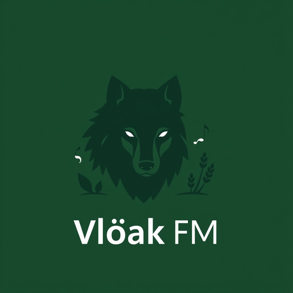 A simple, one-color 2D logo design for a company named 'Vlčák FM' that represents the themes of farm, music, and wolf