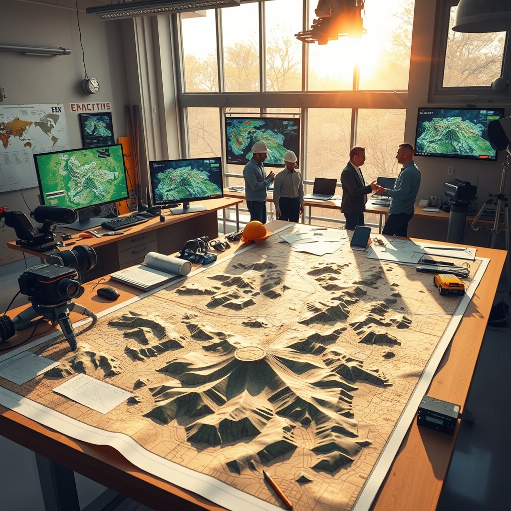 A stunning illustration showcasing the intricate relationship between photogrammetry, topography, and engineering