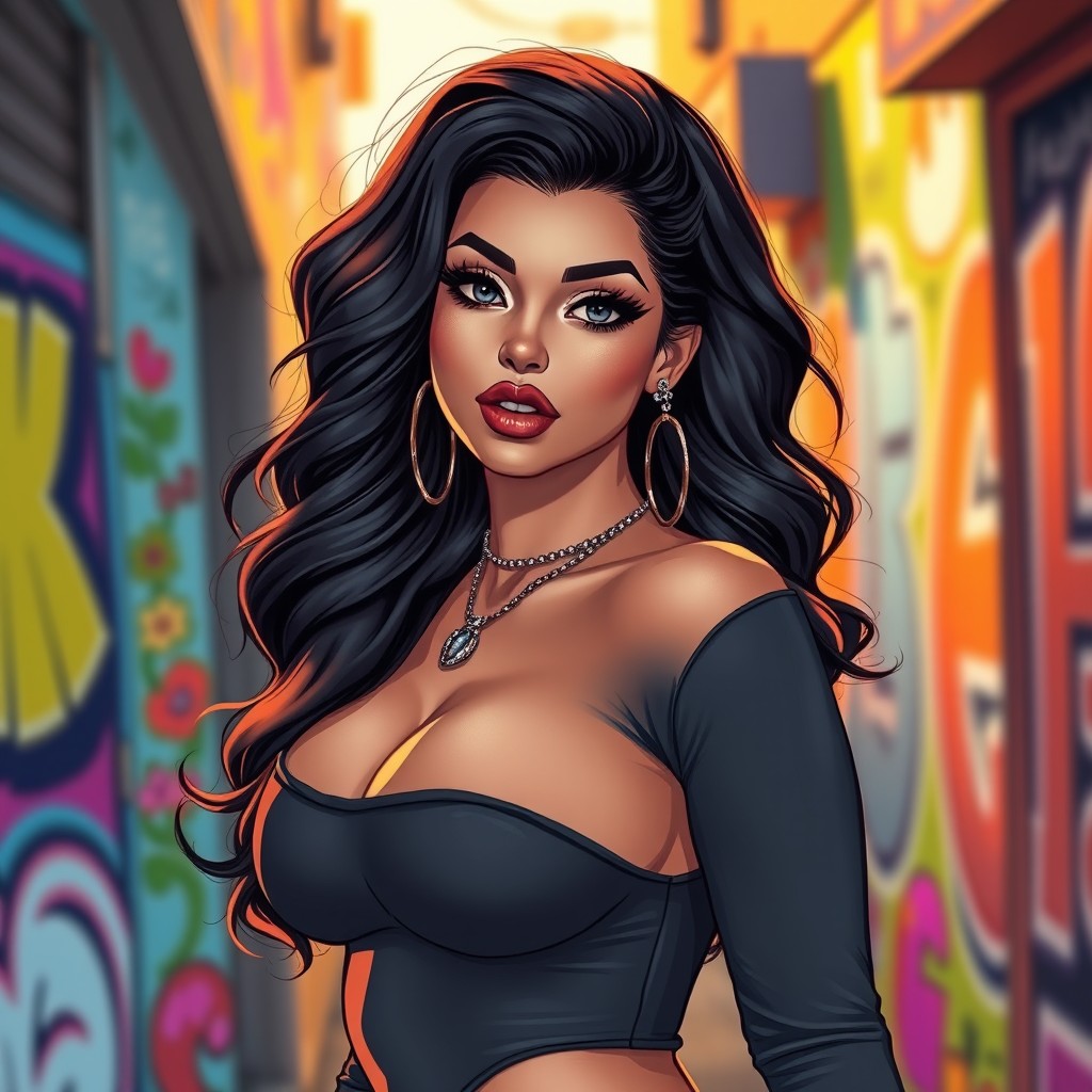 A digital illustration of a woman resembling Tia Cyrus, featuring long, wavy dark hair, sultry makeup with bold eye shadow and full lips, posing confidently in a colorful urban environment