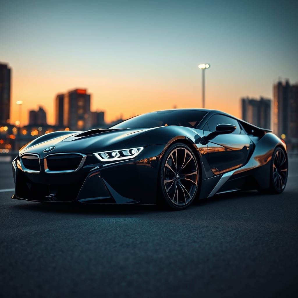 A sleek and futuristic BMW hypercar, featuring an aerodynamic design with sharp contours and a glossy black finish