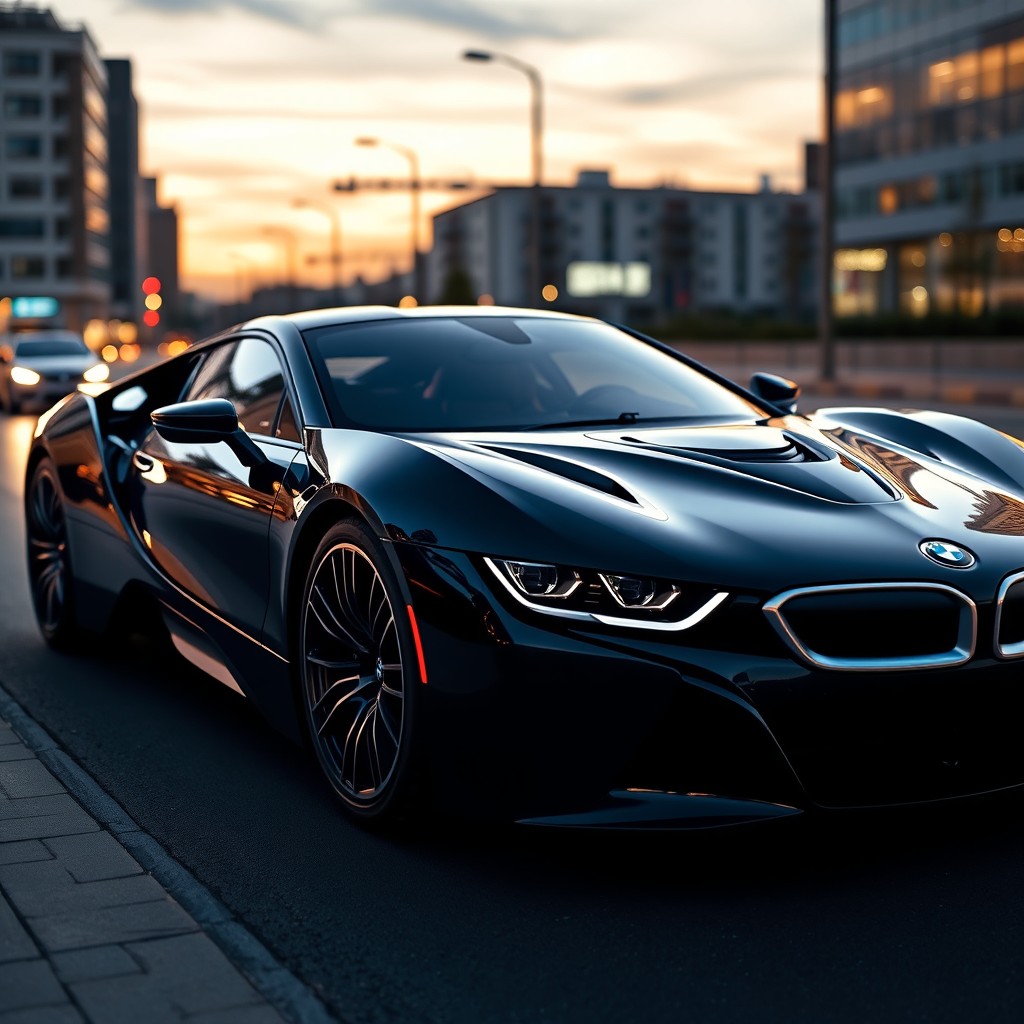 A stunning BMW hypercar in a glossy black finish, showcasing its aerodynamic curves and sophisticated contours