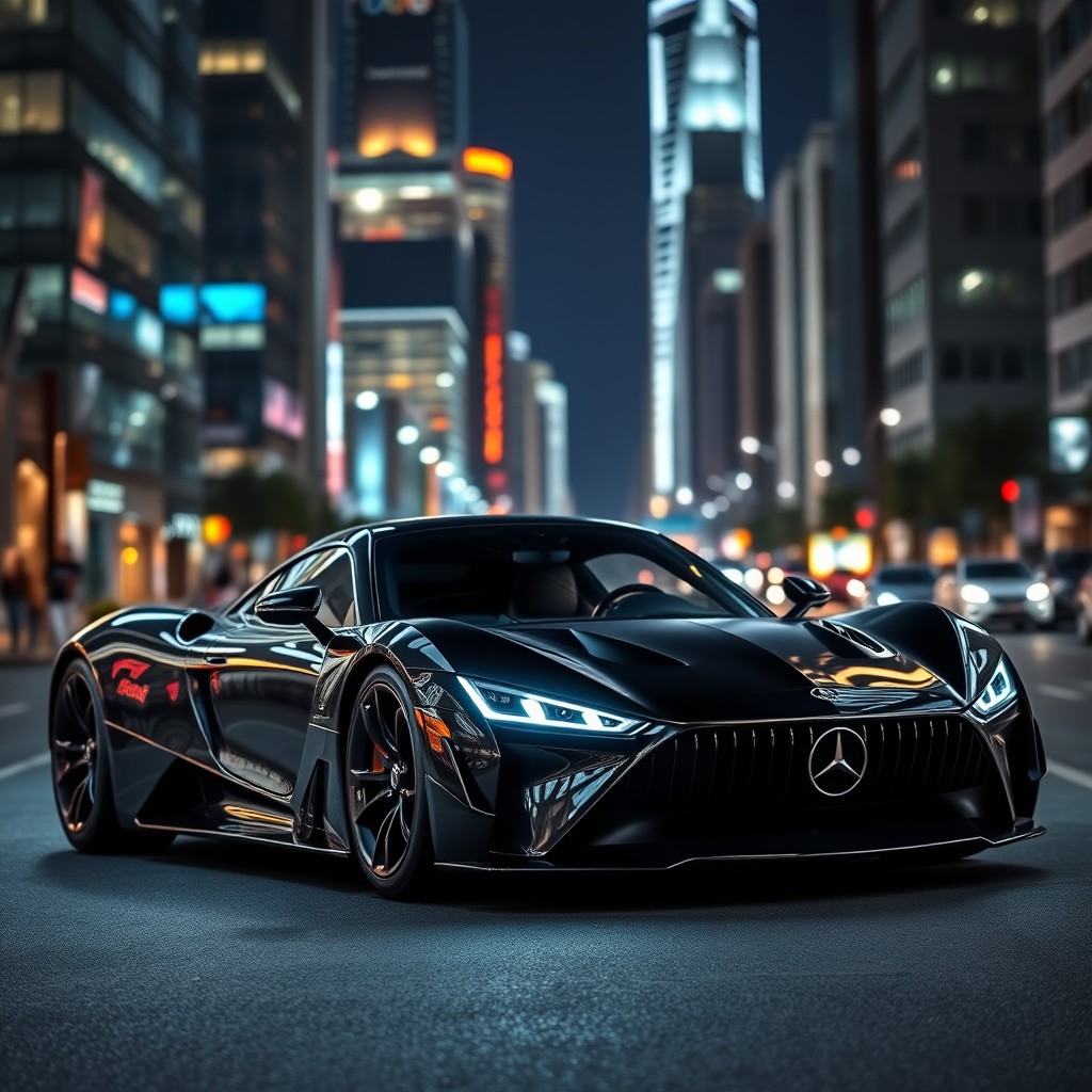 A breathtaking Mercedes Benz hypercar in a sleek black finish, showcasing its ultra-modern design with aerodynamic lines and aggressive features
