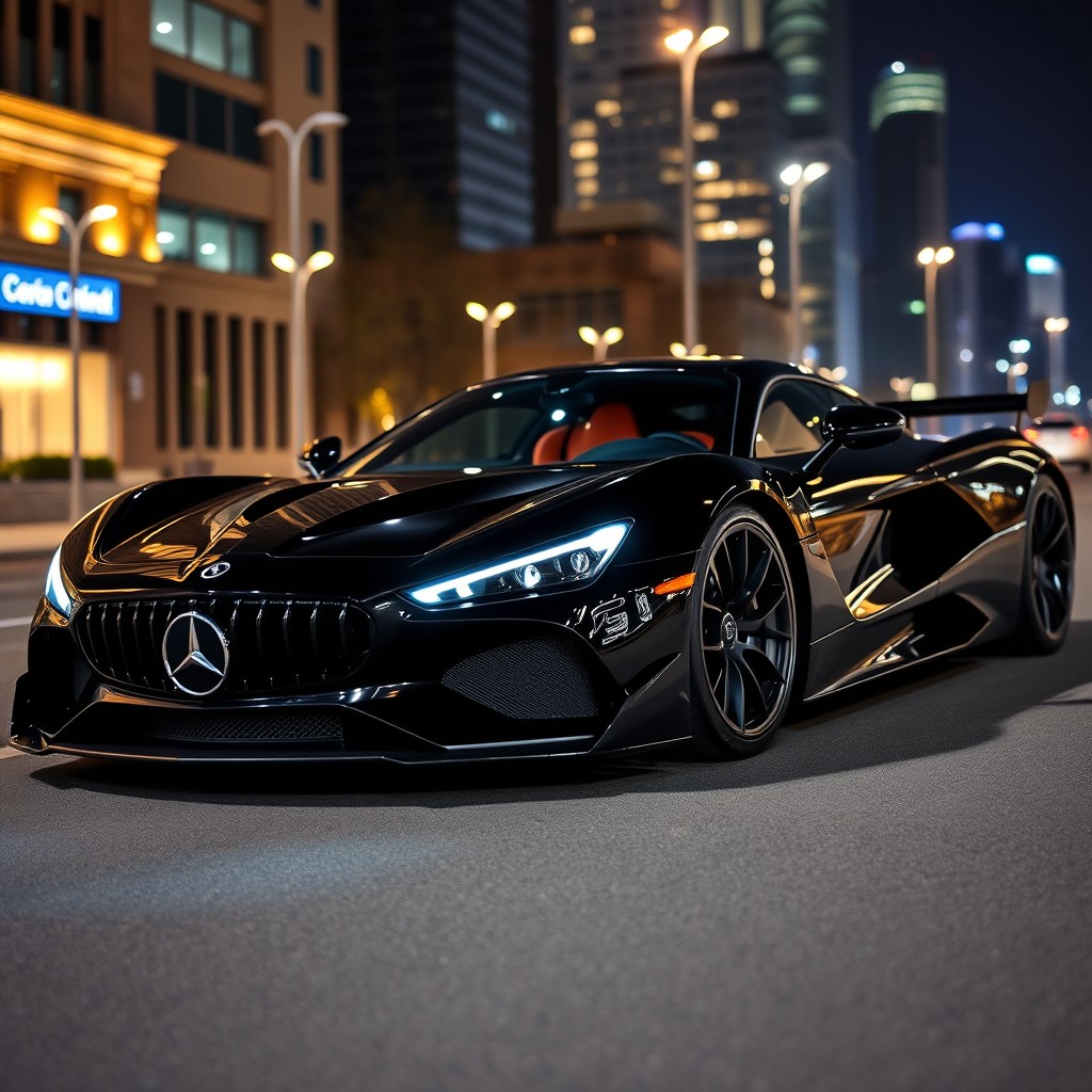 A striking Mercedes Benz hypercar in a glossy black finish, emphasizing its sleek and aggressive design with smooth aerodynamic lines and distinctive styling elements