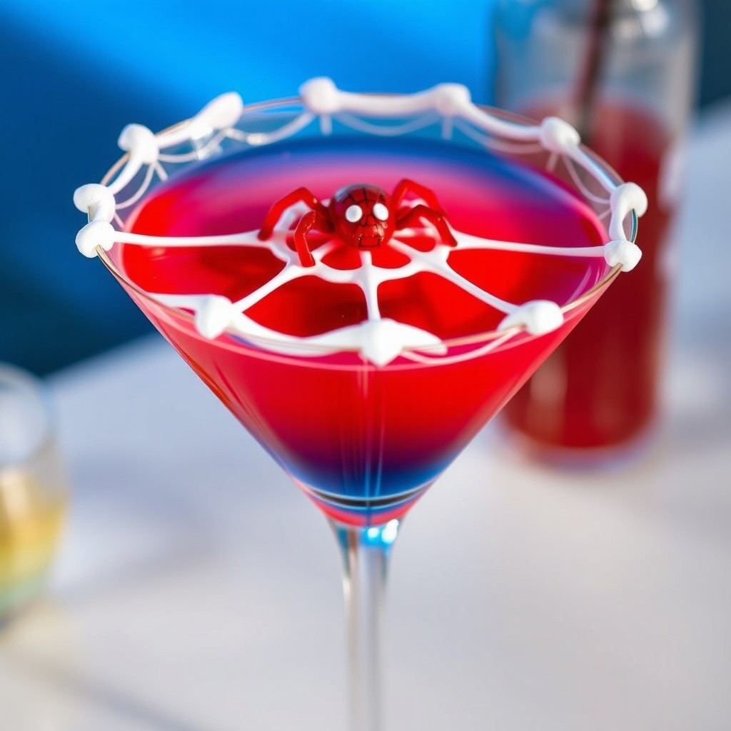 A vibrant Spider-Man inspired cocktail served in a sleek martini glass, featuring a stunning blend of red and blue colors representing the superhero's iconic suit
