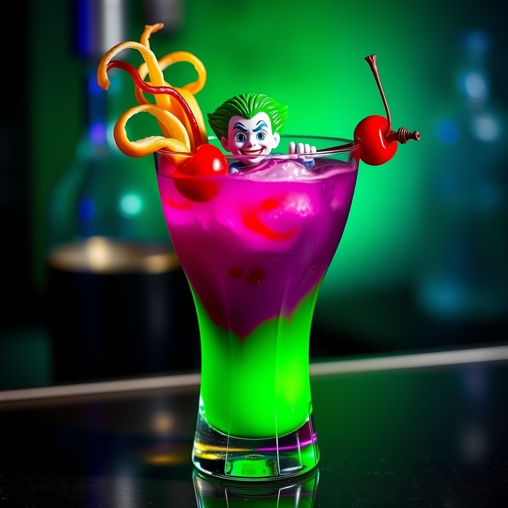 A unique Joker inspired cocktail, embodying the chaotic and vibrant colors associated with the character: a vivid green base, deep purple accents, and a splash of bright red