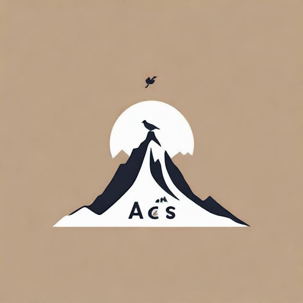 Design a minimalist logo that includes the word 'Aco' subtly inscribed in a mountain silhouette, complemented by a small bird gracefully floating above the mountain.