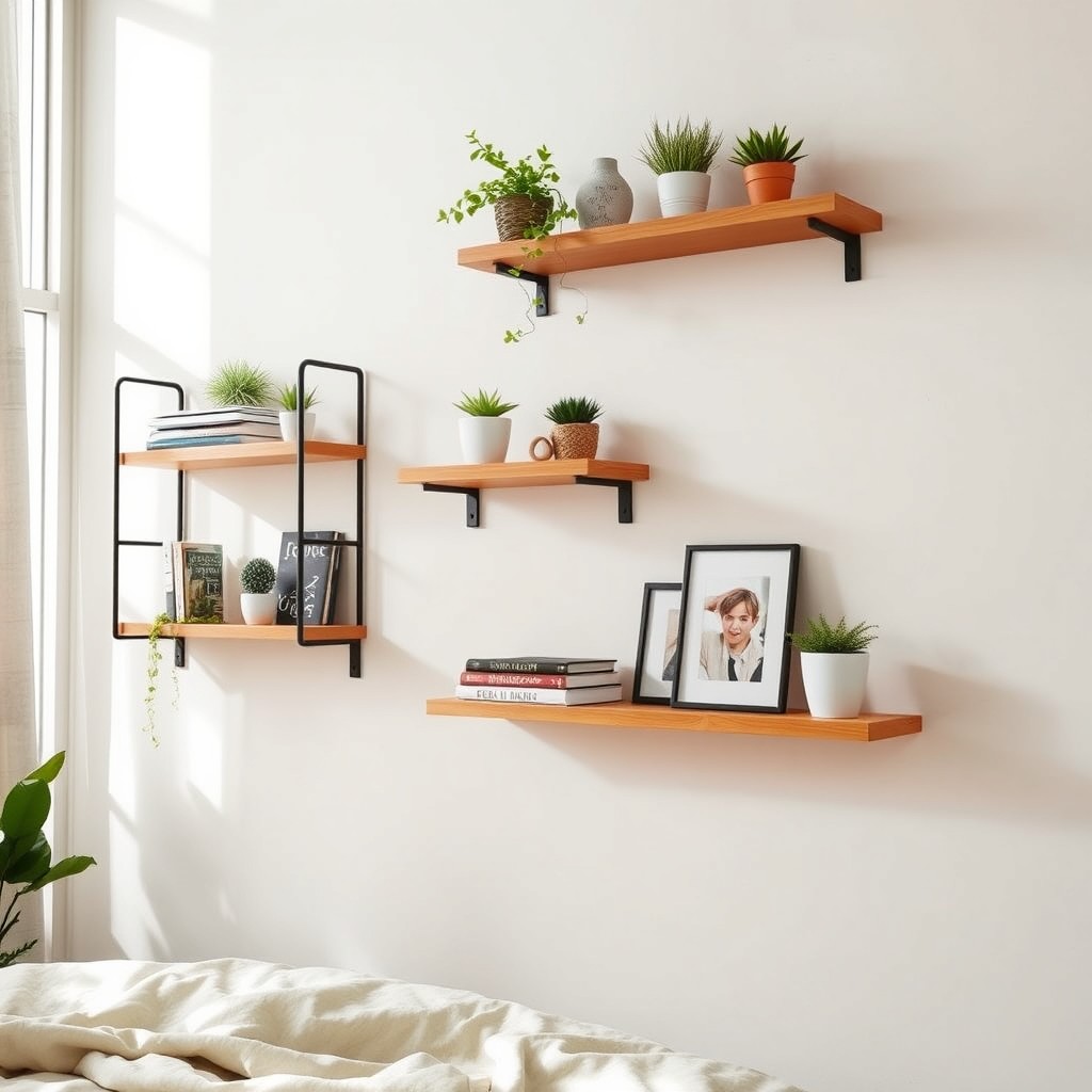 A beautifully arranged bedroom wall featuring three stylish wall shelves, artistically arranged with a mix of decorative items such as potted plants, books, and picture frames